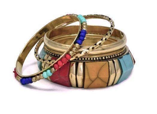 Multi Colored Beaded and Metal Bangle Set