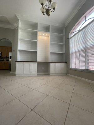 Custom built in desk feature wall with shiplap accents