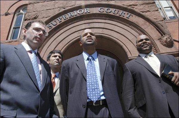 Superior Court press conference (L-R) Boston Attorneys Hank Brennan & Gary Zerola, Lawrence Attorney Socrates DeLaCruz, & Mr. Otto DeLaCruz