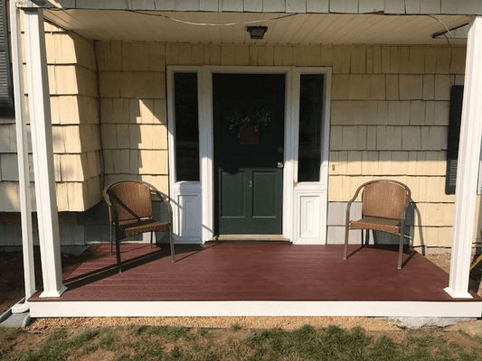 My client had a cement entryway and wanted an updated look.  Trex Select decking, Koma trim boards and RDI post wraps to update this entry.