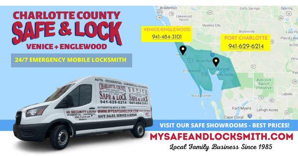 Venice Safe and Lock and Charlotte County Safe and Lock are here to serve you with 24/7 emergency locksmith services.