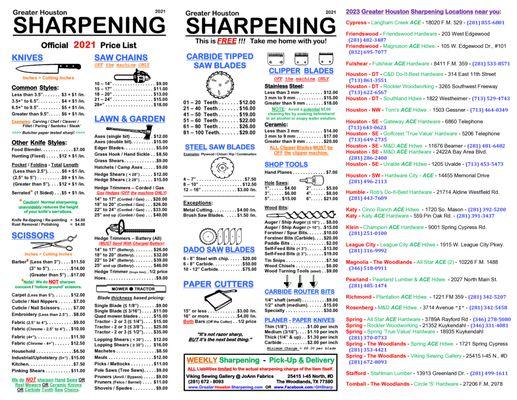 Greater Houston Sharpening @ Viking Sewing Gallery official 2023 GHS Price List.