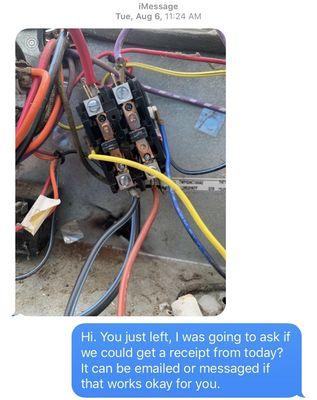 Text sent to me by second company of a picture that they took of the crossed wires.