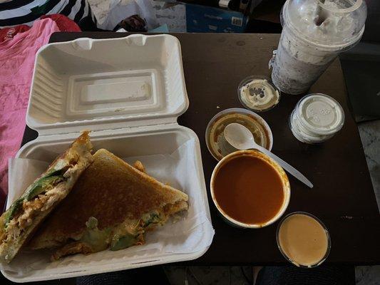 Took home. (Forgot the name now) Sandwich with chicken, tomato soup, Oreo shake