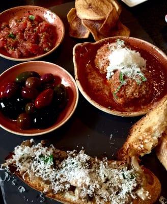 Olives, tuna tartare, mushroom bruschetta and meatballs