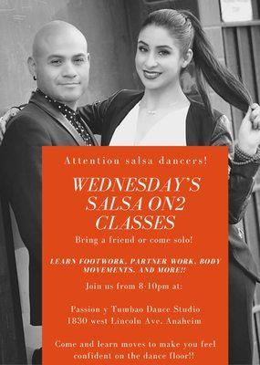 Salsa on2 classes for intermediate/ advance from 8-10pm every Wednesday