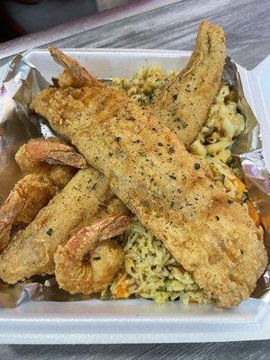 Seafood Box w/ baked Mac and veggie rice