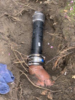 This is new ABS pipe that was installed after the old clay pipe was clogged with roots causing a major stoppage in the clients home.