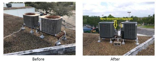 Before and after photos for two rooftop condensers that were replaced along with disconnect switches for safety.