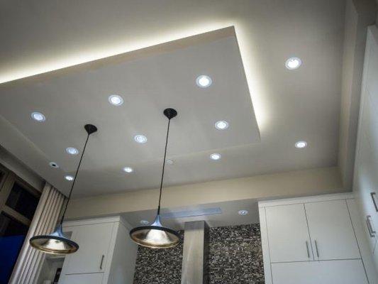 Kitchen recessed lighting and chandelier