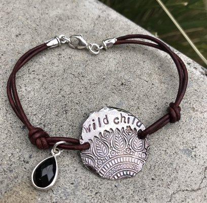 The Studio Fine Silver, hand stamped "Wild Child" mandala, sterling, leather and onyx