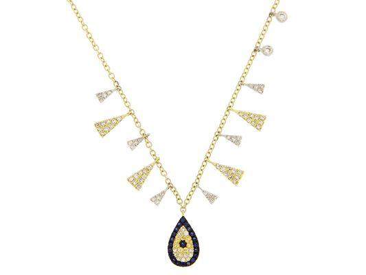 Meira T evil eye teardrop necklace with 0.32 carats of diamonds and 0.15 carats of sapphires