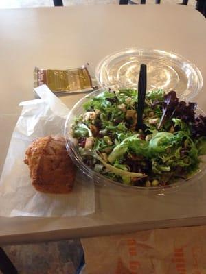 Lunch. Created my own salad w/ edamame, asparagus, Gorgonzola, chicken, walnuts, and cranberries, corn bread, and dressing.