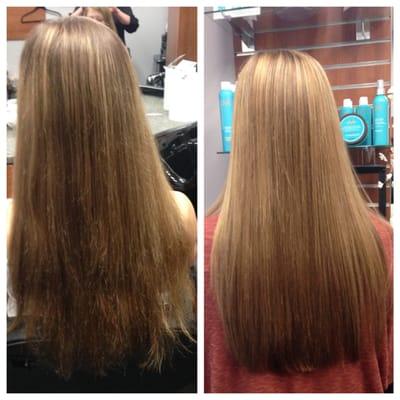 Before and after of a partial highlight, cut, and conditioning treatment!