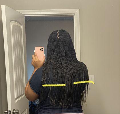 Hair not braided to waist length but just above bra strap length with the rest all loose ends. Zoom in to see.