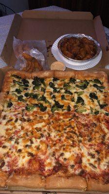 Sicilian Pizza Half Sausage and half white with broccoli Buffalo wings and Onion Rings with side of Texas ranch