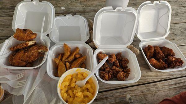 Chicken tenders, potato wedges, mac and cheese, gator bites, chicken wings