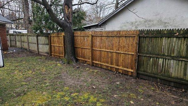 Old warped and rotted looking wood fence restored, like new in the middle panel.. Sorry this was when he was just getting started