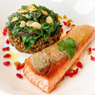 King Salmon with Swiss Chard and Braised Lentils du Puy