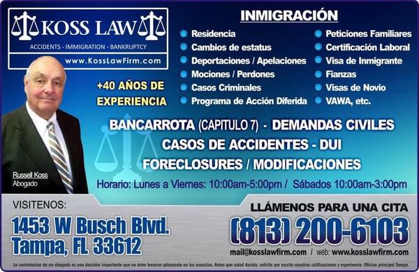 Immigration law here for your needs. We work with bankruptcy, lawsuits, immigration, foreclosure and much more.