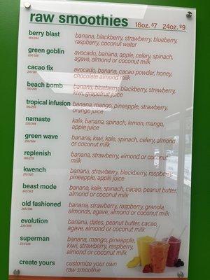 Raw Smoothie Menu