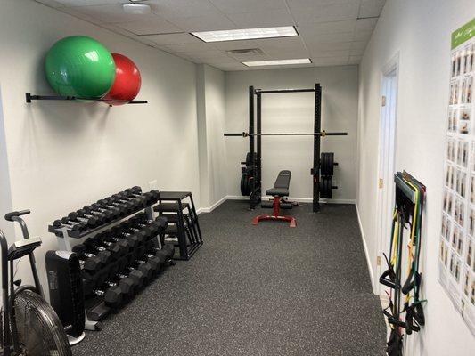 Here is our rehab and exercise room where patients perform their rehabilitation exercises and personal training clients will be working out.