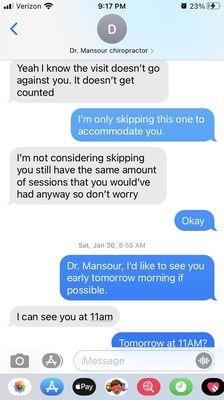 Dr. Mansour cancelled 5 appointments.He is ignoring my calls. He owes me about $1,000, which he said he would refund but hasn't.