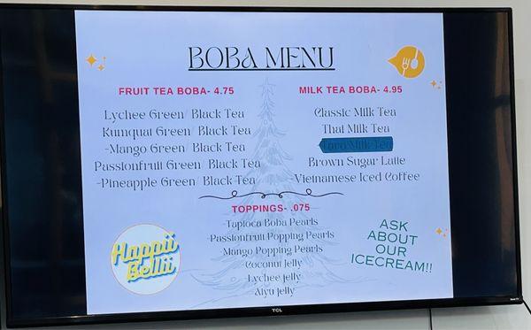 Boba tea menu