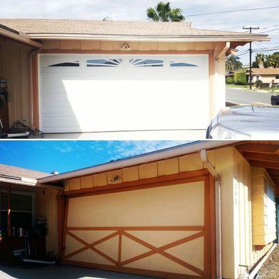 Double car garage door with sunset windows finished in color white.