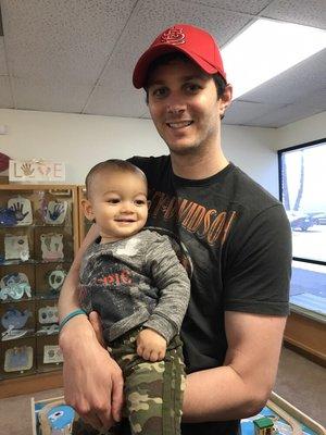 Happy baby and amazing Dad making Handprints for Mothers Day! What a wonderful surprise Mom will cherish forever