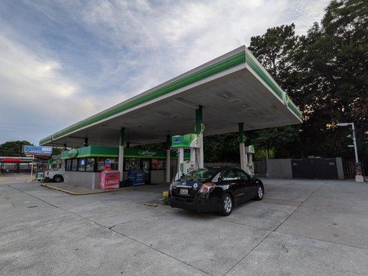 Outside. Eight pumps at this gas station, Piedmont BP.