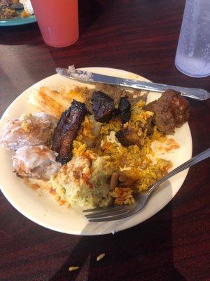 Rice, beans, mofongo, yuca, maduros, steak