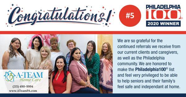 A-Team Home Care selected as #5 on the Philadelphia 100 List of Fastest Growing Companies in Philadelphia!