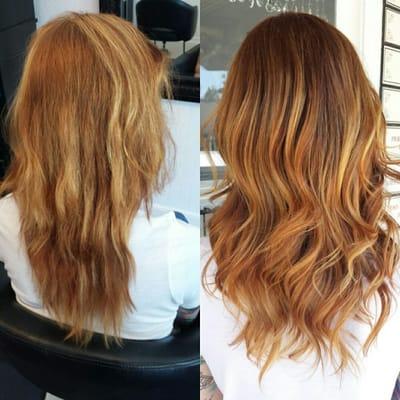 Before and after of balayage and color refresh.