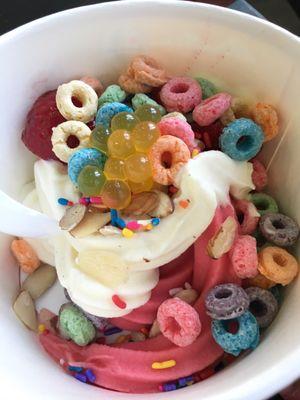 Passion fruit & watermelon w/almonds, mango lychee, fruit loops, strawberries, sprinkles! 4.18175888 stars