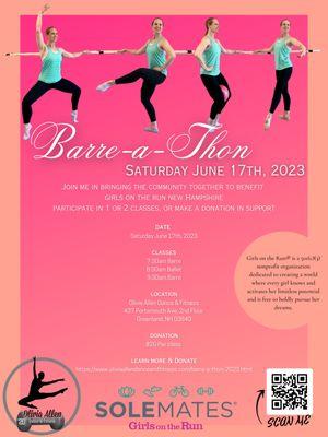 Barre-a-Thon 2023 is June 17th! Participate, Donate, check out the Silent Auction. http://www.OliviaAllenDanceandFitness.com