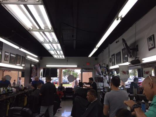 View of inside the barber shop.