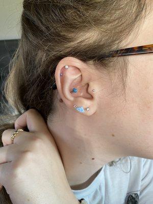 Two helix, conch, 2nd and 3rd holes