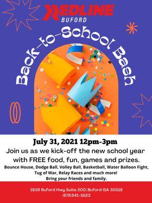 Back-to-School Bash at Redline Buford. Come join Redline Buford in fun and games, food and prizes, and much much more! July 31@12pm