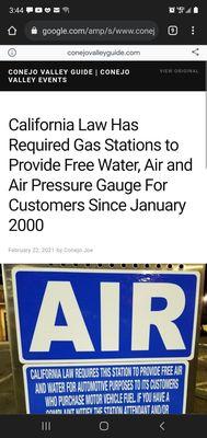 it is the law to give free air if u need some for ur tire.. that asshole clerk was rude , 17 years I ve been pumping my gas here..