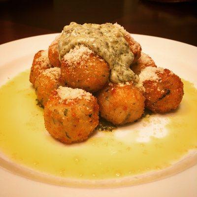 Roasted Tomato Arancini with Basil Aioli and Extra Virgin.