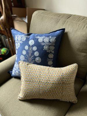 Embroidered blue pillow with mini print small gold pillow