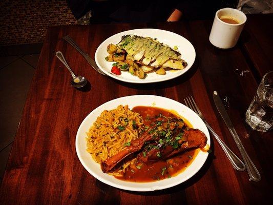 Top: grilled Branzino ; bottom: lamb shank with orzo