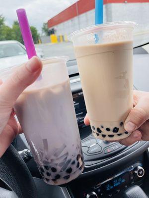 Taro milk tea with boba and lychee jelly (l) black milk tea with boba (r)