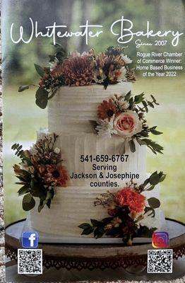 Cover of their brochure with an amazing wedding cake decorated. Plus contact info for Jackson and Josephine counties.