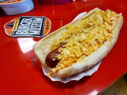 Hotdog with pimento cheese and crushed chips