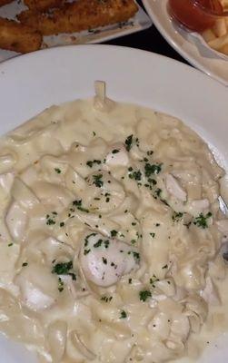 Chicken Alfredo, mozzarella sticks, French fries