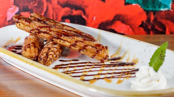 Churros served with homemade whipped cream or Ice cream.  Yummy!!!