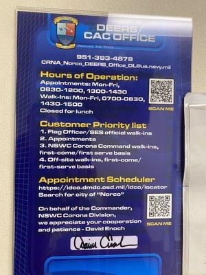 Hours of operation/phone number