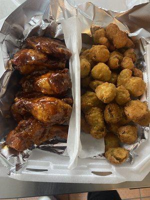 Honey, barbecue wings, and fried okra